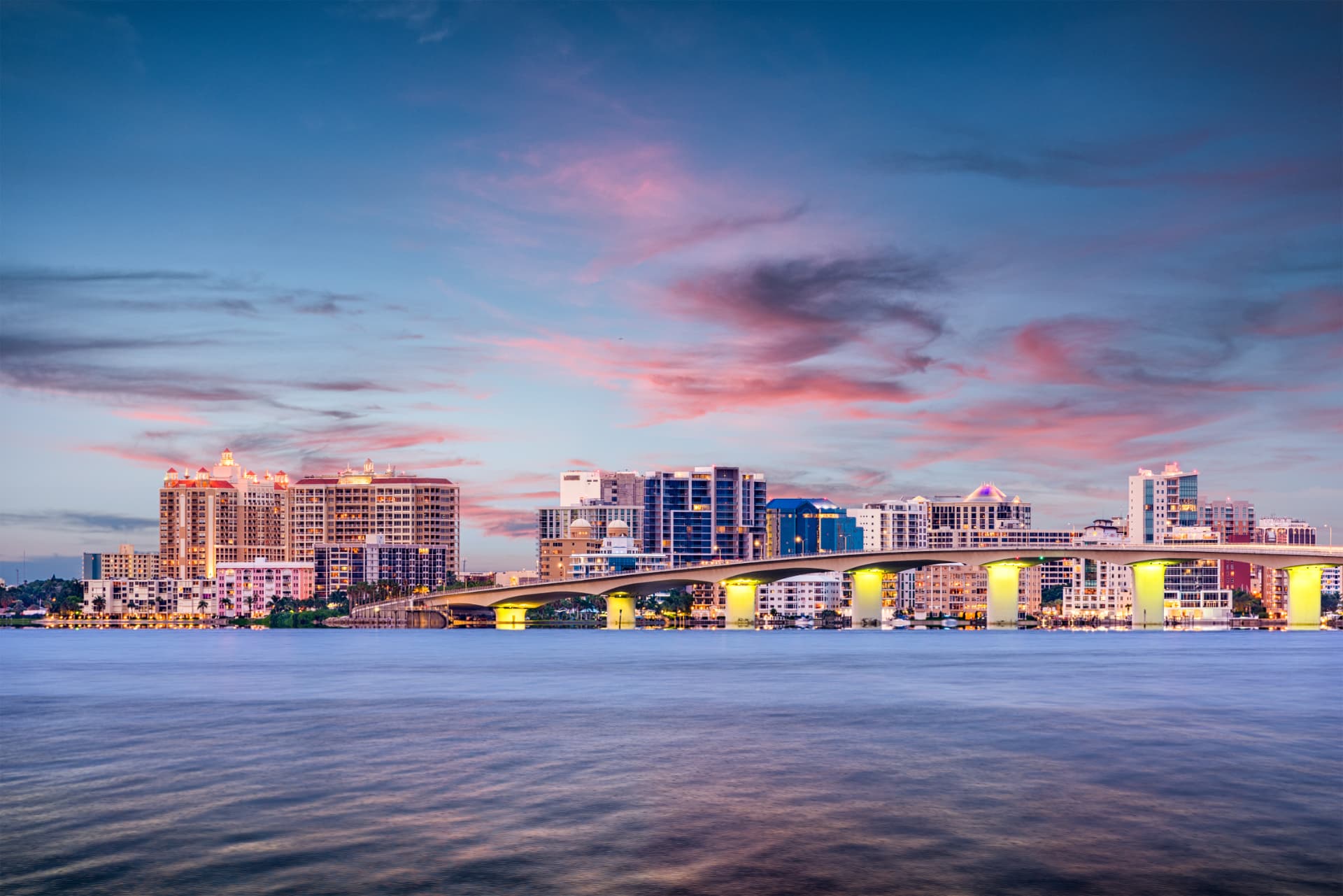 Sarasota bayfront and bridge at dusk in the Flint Home Inspections service area