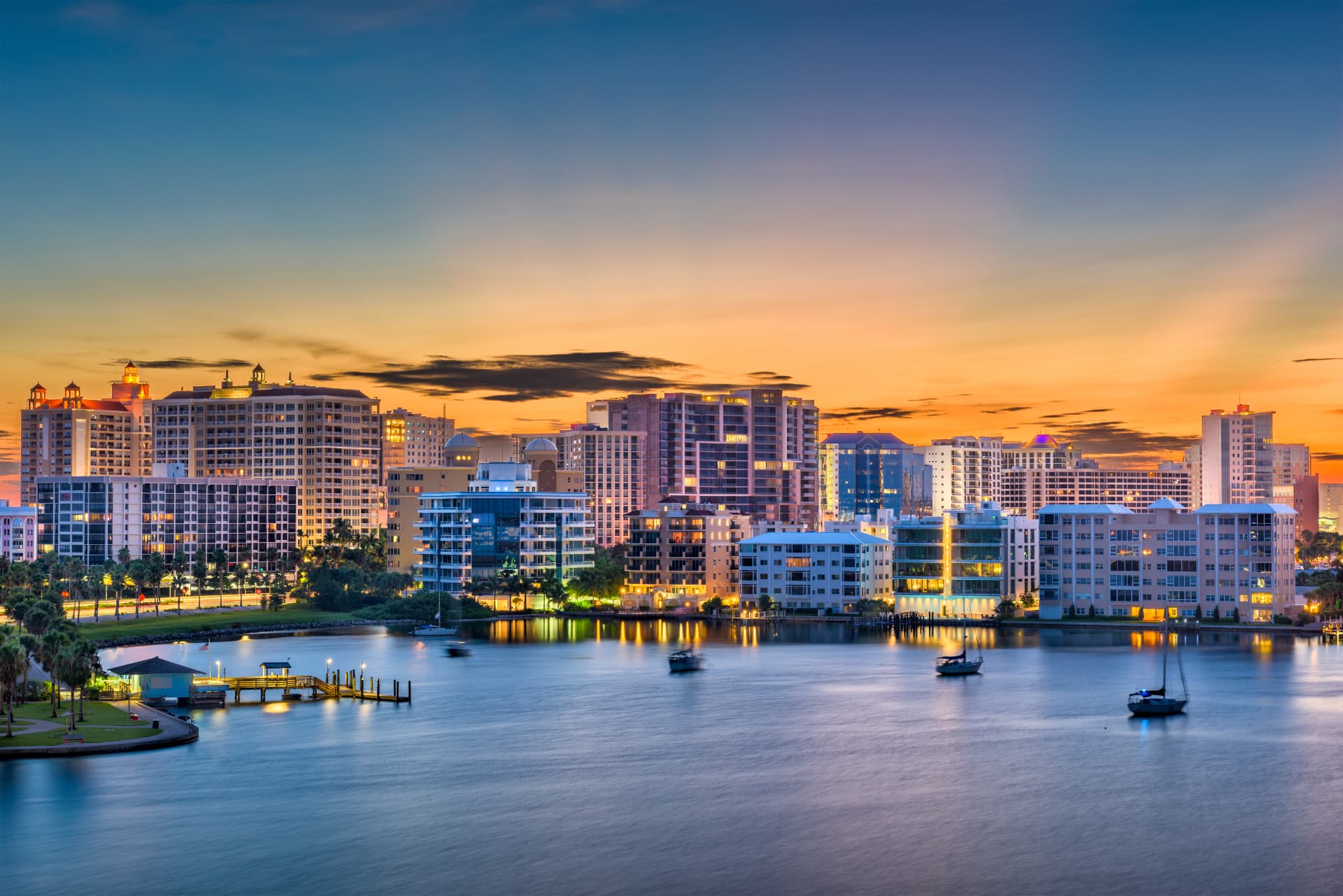 Sarasota, Florida skyline over the bay at sunset, service area for Flint Home Inspections